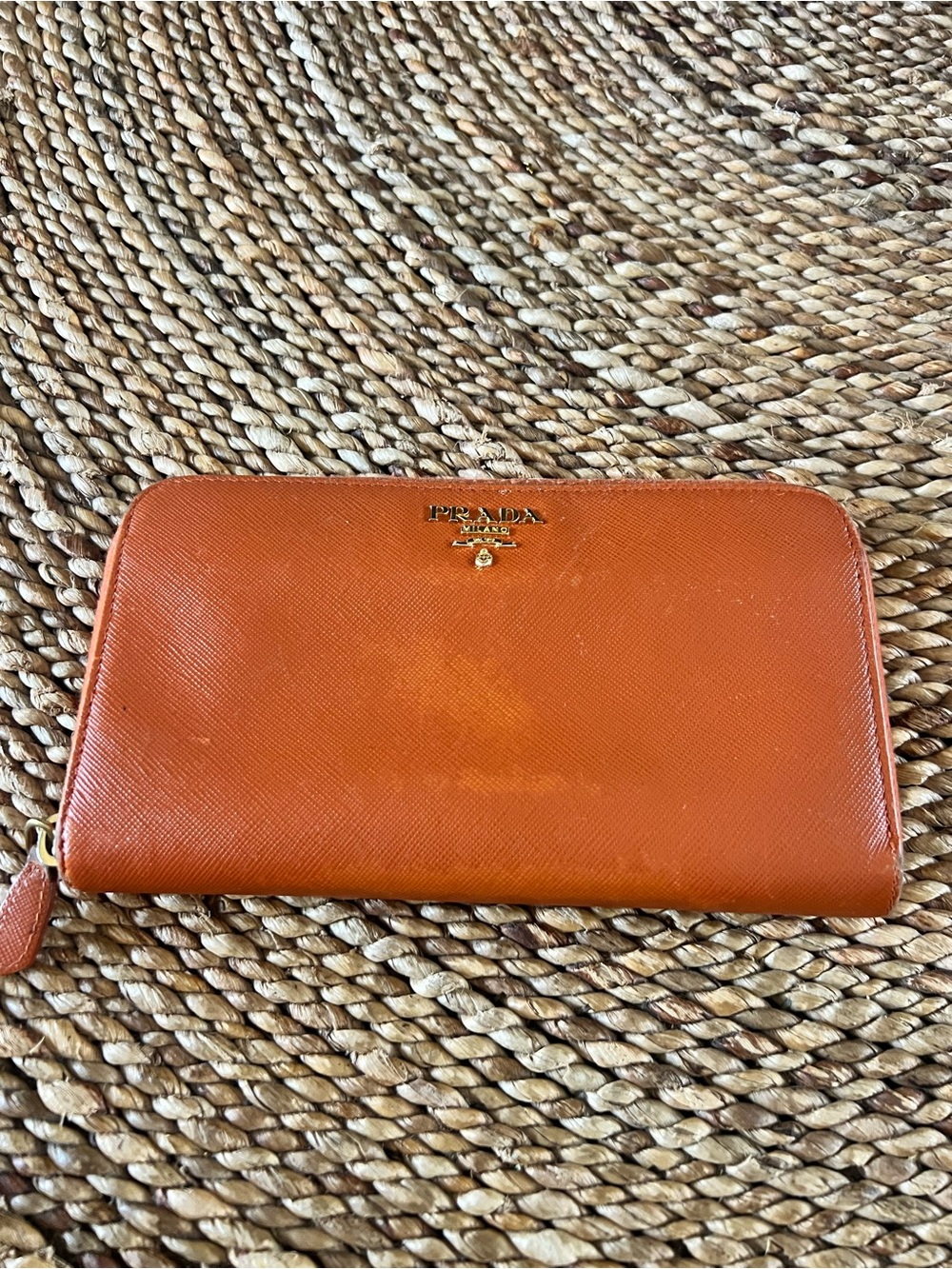 PRADA Orange Saffiano Leather Zip Around Continental Wallet